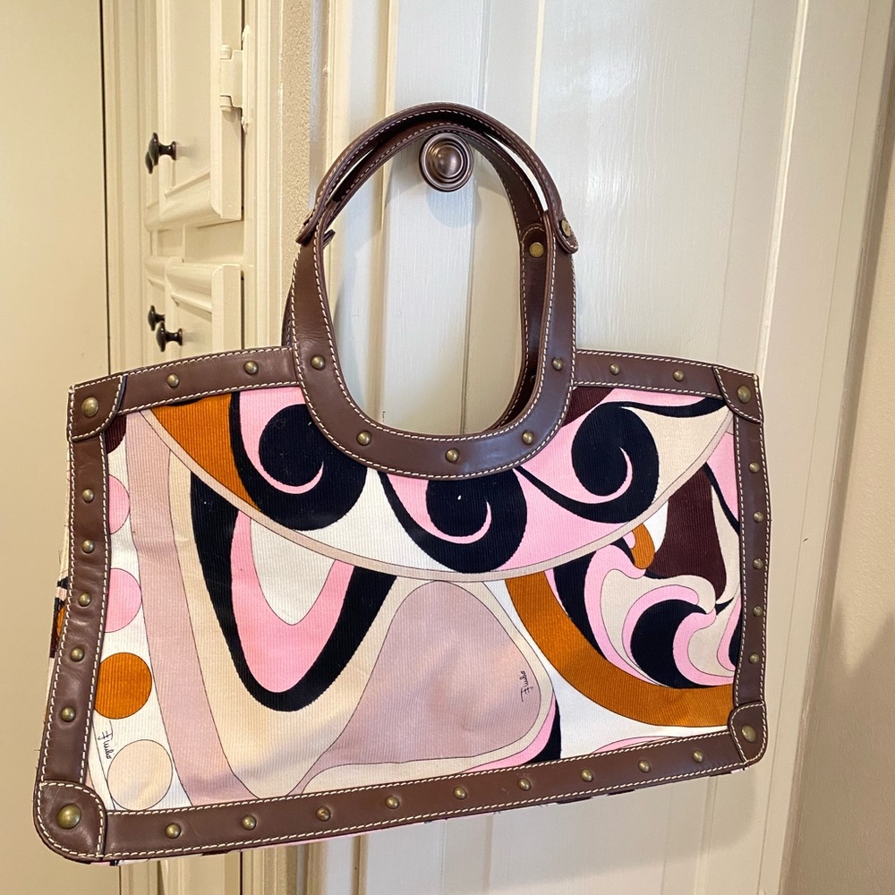 Emilio Pucci Multicolor Printed Corduroy Leather Ring Handle Tote Bag Pink Brown